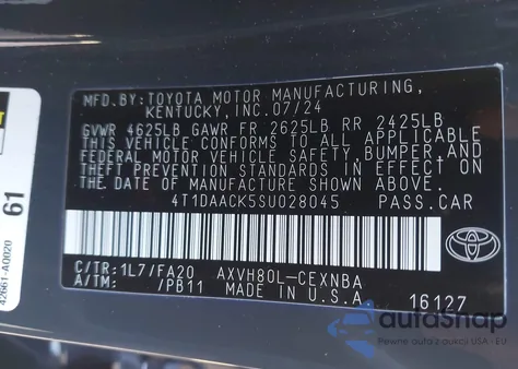 2025 Toyota Camry Le z USA, uszkodzony, nr VIN 4T1DAACK5SU028045